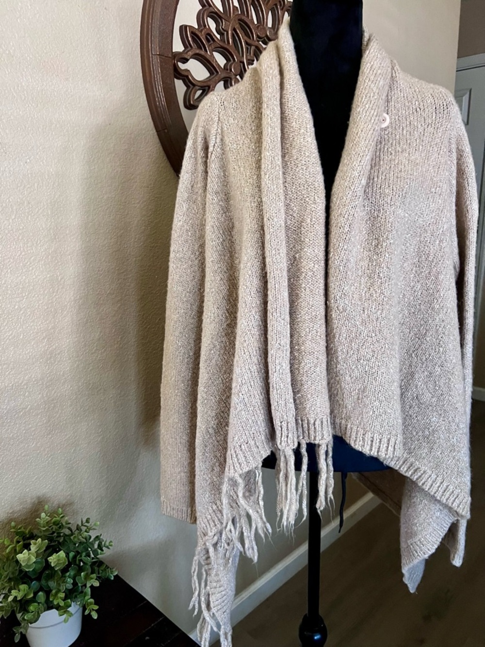 lovestitch Open-Front Fringe Poncho Cardigan - Beige